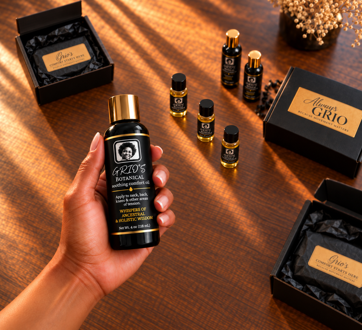 
Hand holding a 4 oz bottle of GRIO’S Botanical Soothing Comfort Oil with smaller bottles and Always Grio branded shipping boxes.