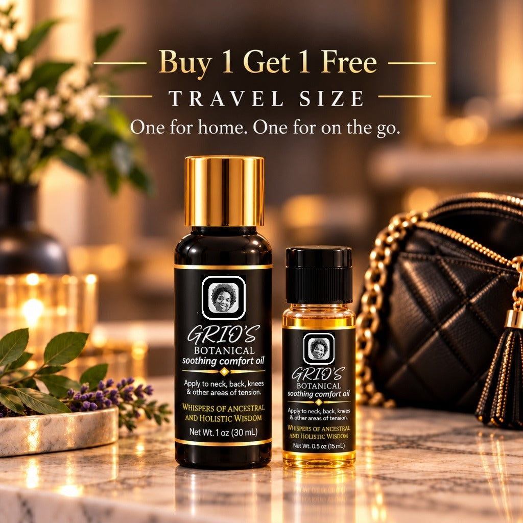 Always Grio promotional image featuring a 1 oz bottle of GRIO’S Botanical Soothing Comfort Oil alongside a free 0.5 oz travel-size bottle, displayed beside a black handbag with gold accents. Features the message “Buy 1 Get 1 Free Travel Size — One for home. One for on the go.”
