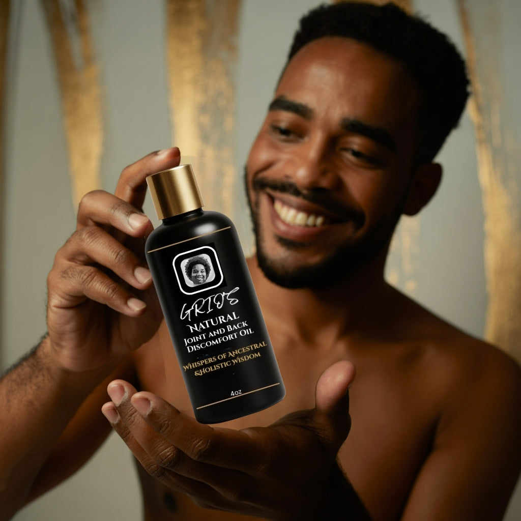 A smiling man holds up a black and gold Always Grio Discomfort Relief Oil bottle with care and admiration, surrounded by soft warm lighting and golden tones that highlight the product’s premium, holistic feel.
