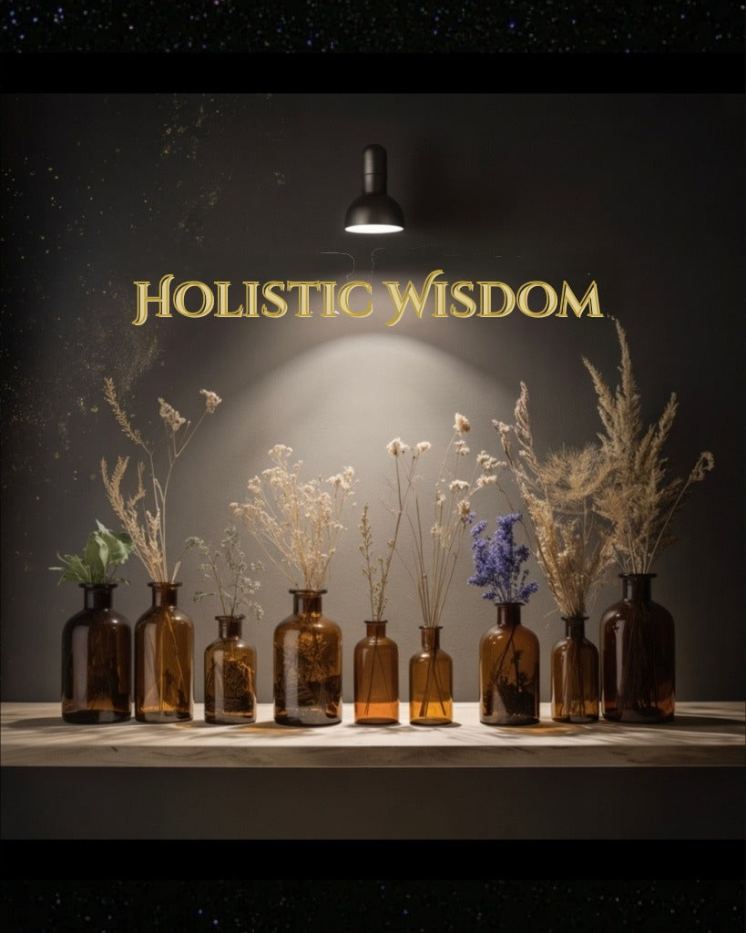 Amber apothecary bottles arranged under soft golden light with the words “Holistic Wisdom” above — representing the purity, lineage, and care behind Always Grio’s essential oil blends for renewal and balance.



