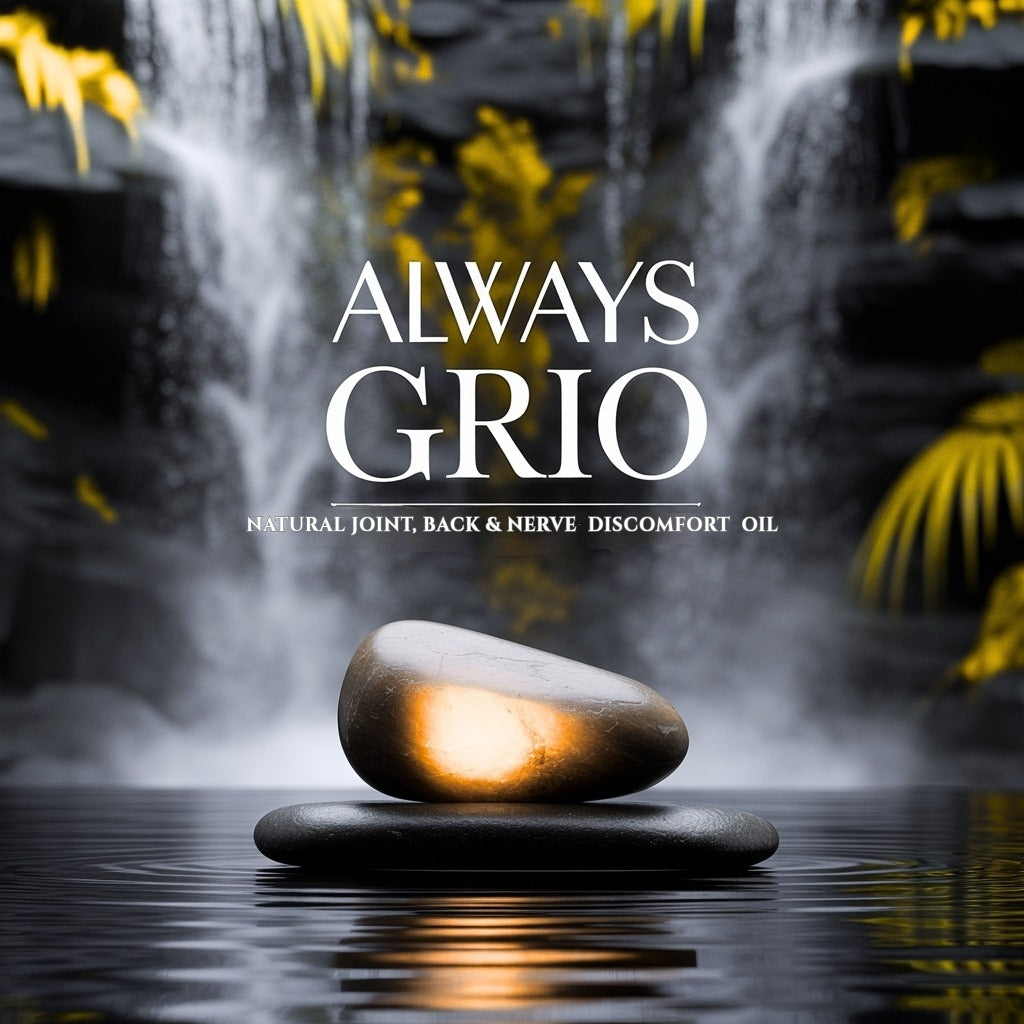  Tranquil image with black stones stacked before a golden-lit waterfall, representing balance and renewal — featured for Always Grio’s Natural Joint, Back, Nerve & Discomfort Oil, a blend inspired by ancestral wisdom for natural relief and harmony.

