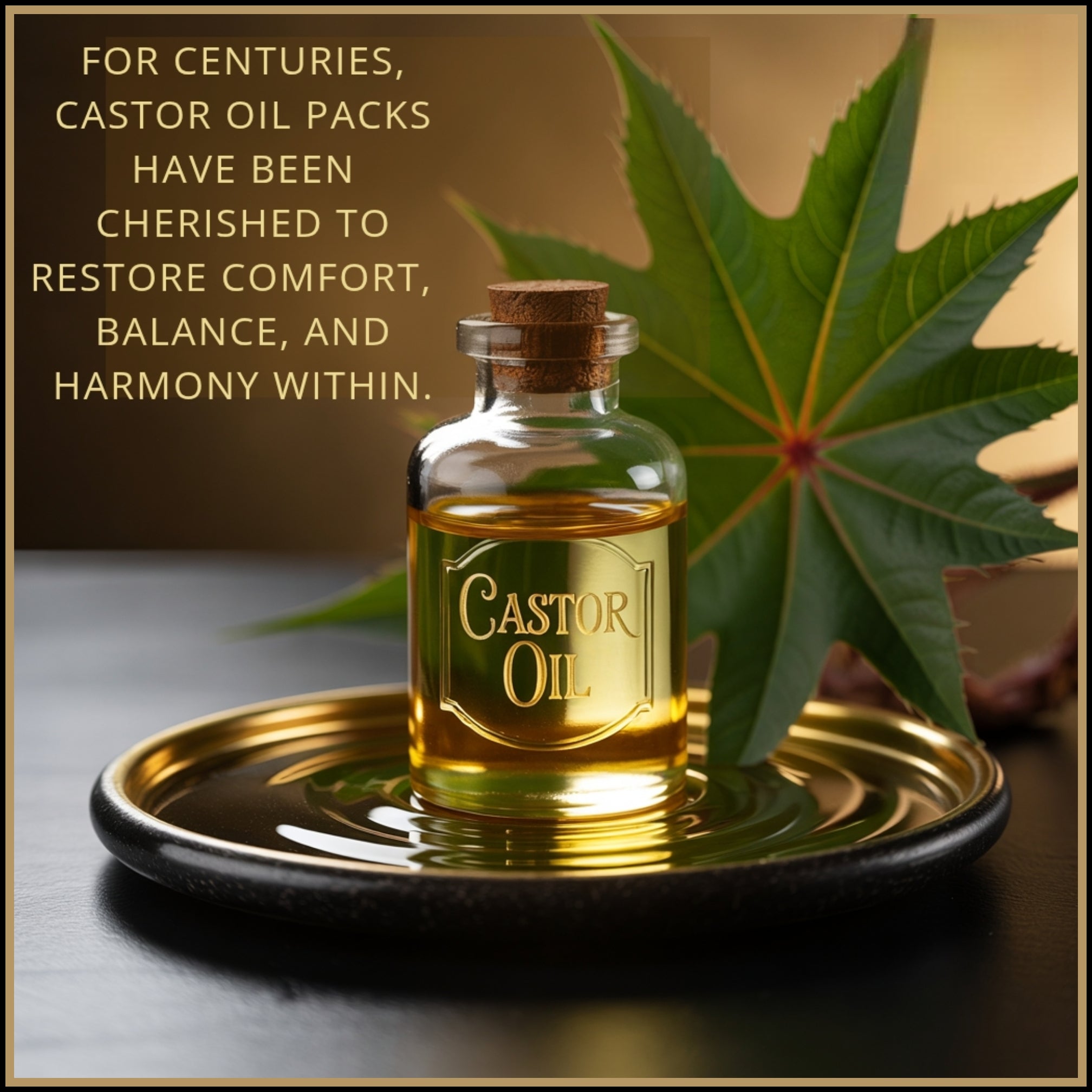 Castor oil in a glass bottle beside a fresh castor leaf — symbolizing centuries of holistic care and the tradition of using warm packs to restore comfort, balance, and harmony within.

