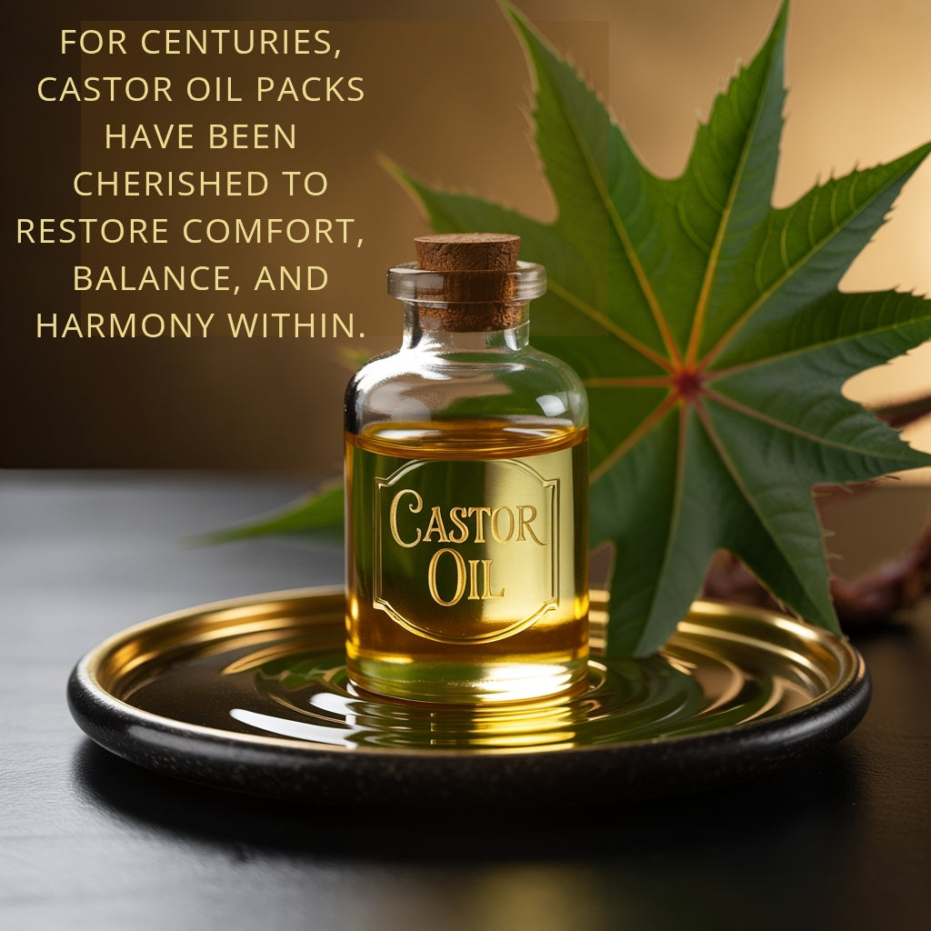 Castor oil in a glass bottle beside a fresh castor leaf — symbolizing centuries of holistic care and the tradition of using warm packs to restore comfort, balance, and harmony within.




