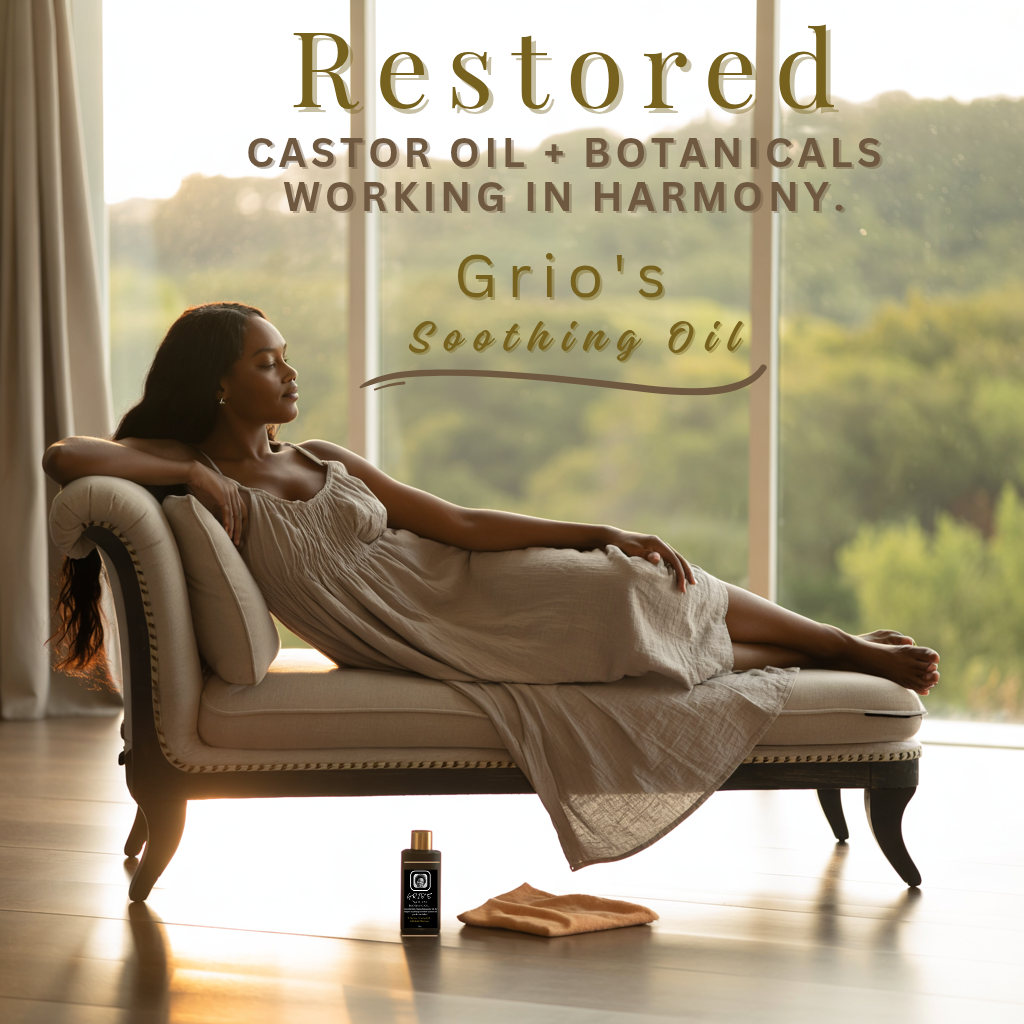 Woman relaxing on chaise feeling relief and comfort after using
The soothing oil made by Always Grio Soothing Oil symbolizing harmony of castor oil, essential oils and botanicals for comfort, balance, and renewal.

