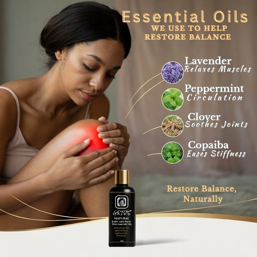  Woman applying Grio’s Natural Joint, Back & Nerve Pain Oil to her knee, with lavender, peppermint, clover, and copaiba shown as key botanicals that relax muscles, improve circulation, and ease stiffness — by Always Grio.


