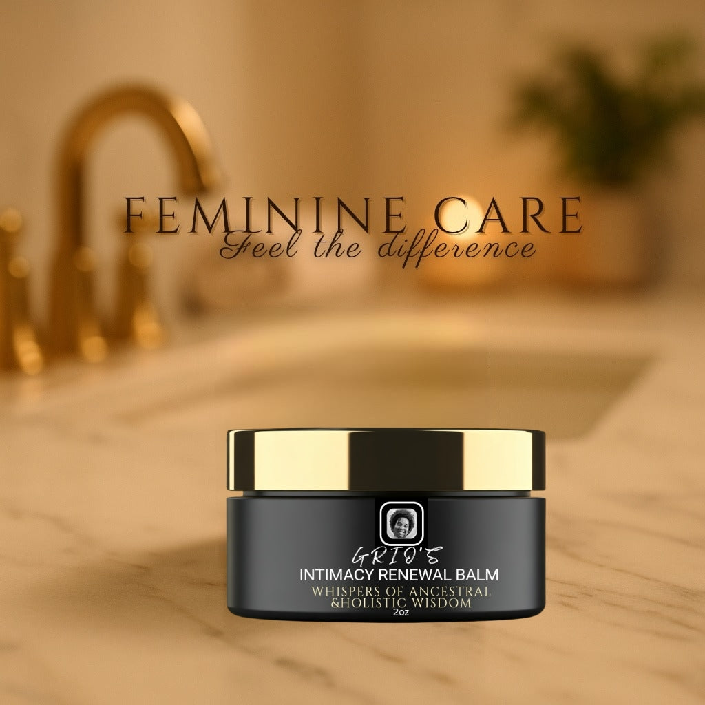 Grio’s Intimacy Renewal Balm displayed on a golden vanity with warm lighting — feminine care that restores comfort, softness, and natural confidence.”


