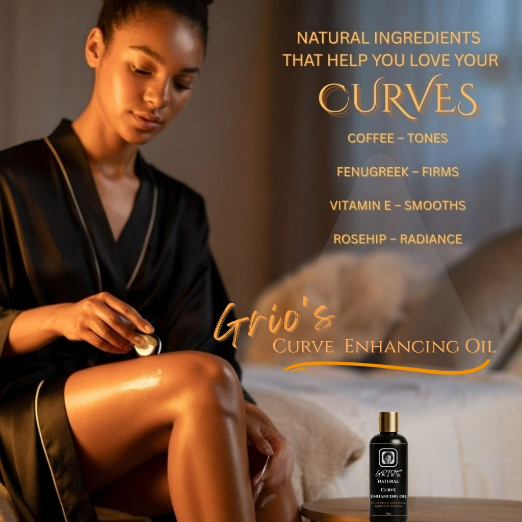 Woman in a silky robe applying Grio’s Curve Enhancing Oil to her leg at golden hour — symbolizing self-care, body confidence, and natural enhancement through botanical oils.



