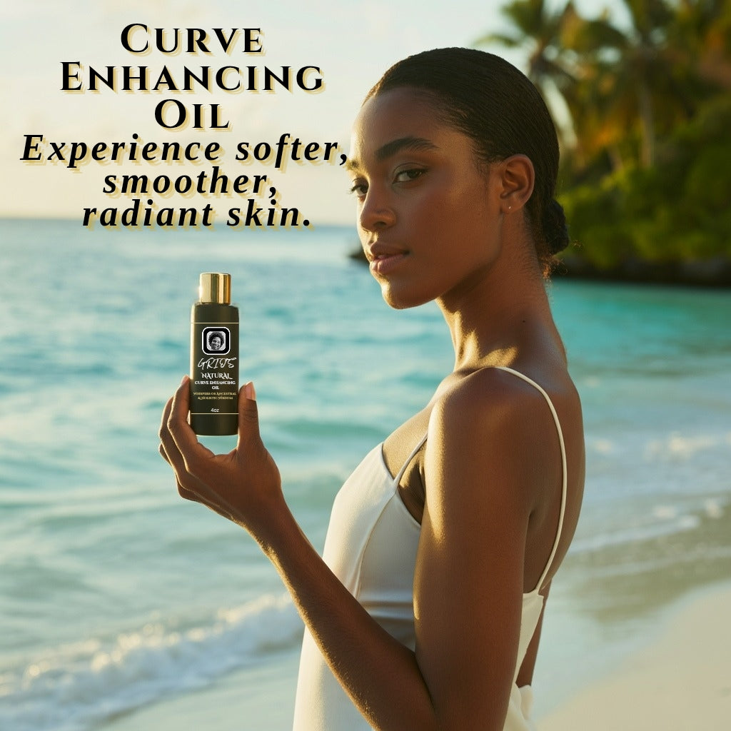 Woman by the ocean holding Grio’s Curve Enhancing Oil — crafted with rosehip, fenugreek, and vitamin E to nourish and smooth skin, leaving curves soft, radiant, and naturally confident.




