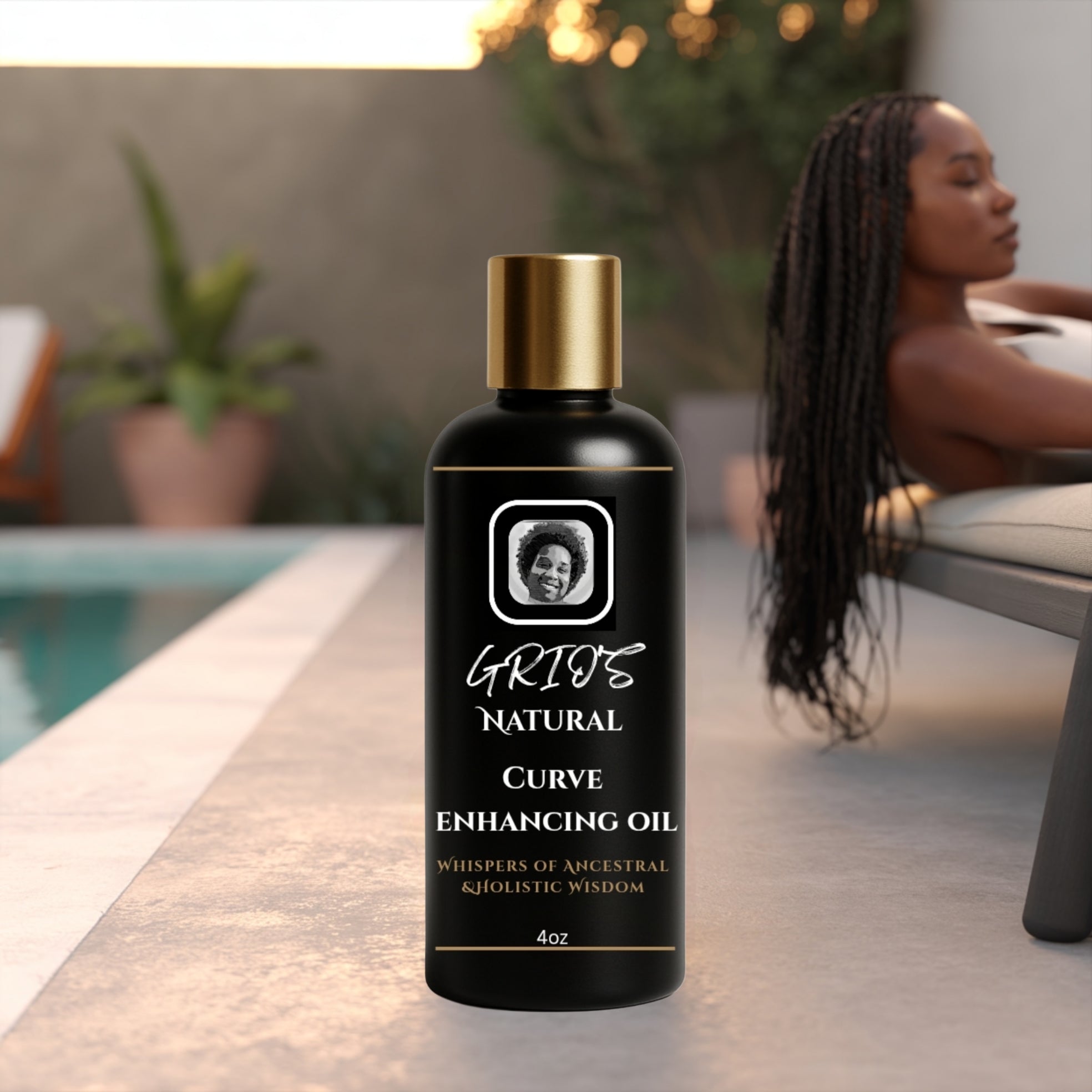 Grio’s Curve Enhancing Oil beside a relaxed woman by the pool — a luxurious blend of botanicals that helps smooth, tone, and enhance natural curves for a soft, confident glow.





