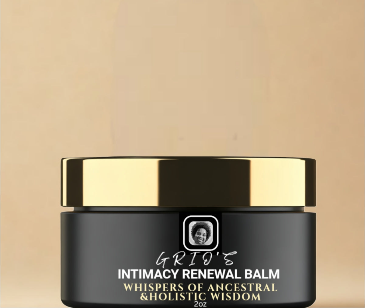 Grio’s Intimacy Renewal Balm — handcrafted natural balm infused with wild yam, rosehip, and clary sage to support feminine comfort and connection. Black jar with gold lid, photographed on a neutral background.



