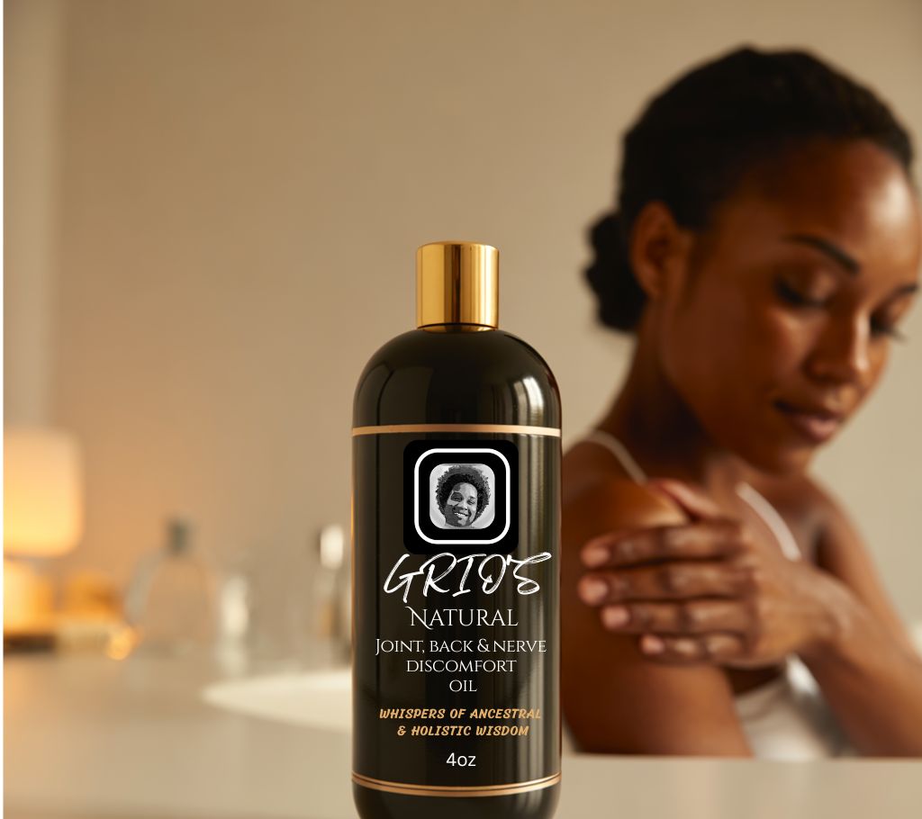 Woman applying Grio’s Natural Joint, Back & Nerve Pain Oil to her shoulder in a softly lit room — highlighting daily self-care and natural relief through ancestral and holistic wisdom by Always Grio.
