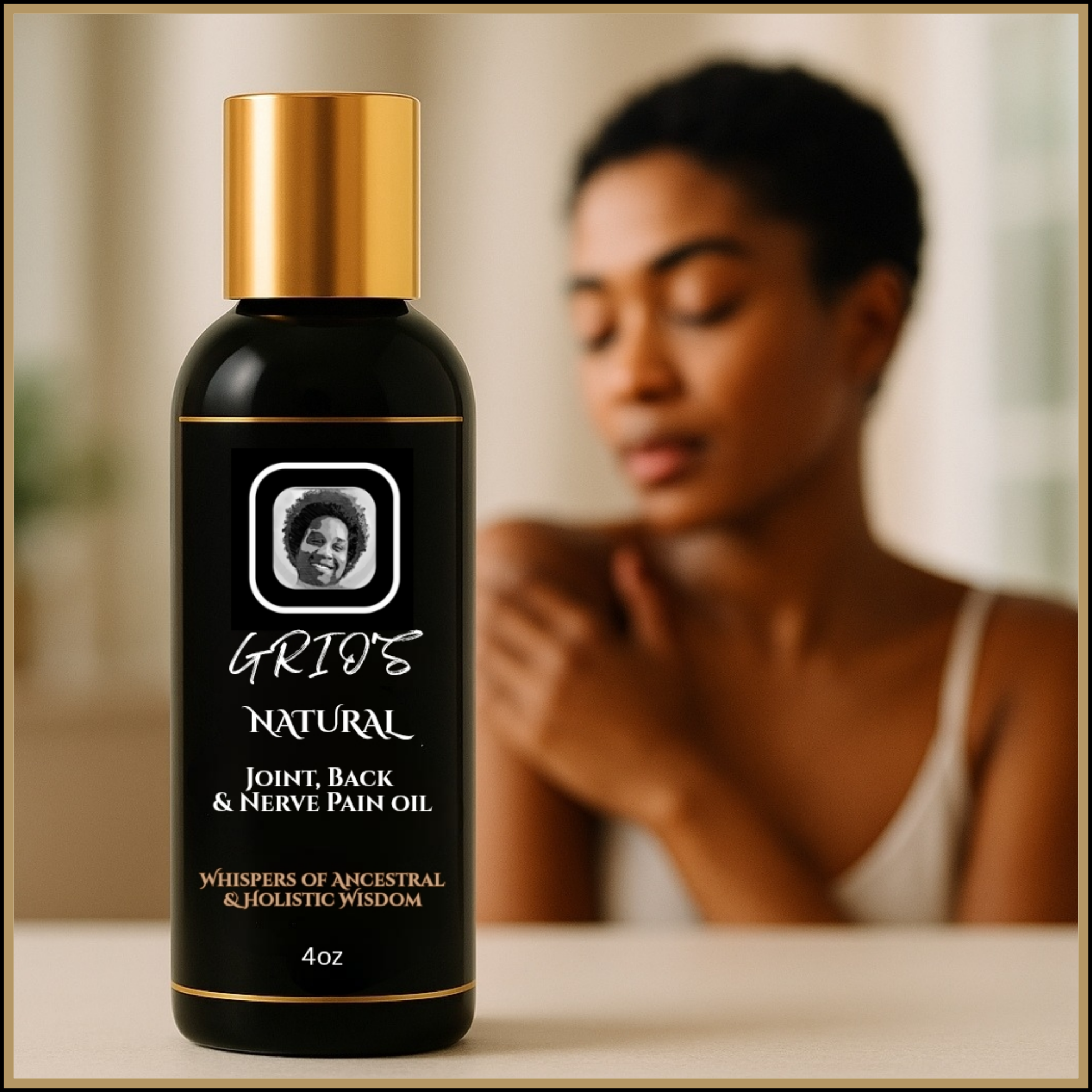 Woman applying Grio’s Natural Joint, Back & Nerve Pain Oil to her shoulder in a softly lit room — highlighting daily self-care and natural relief through ancestral and holistic wisdom by Always Grio.