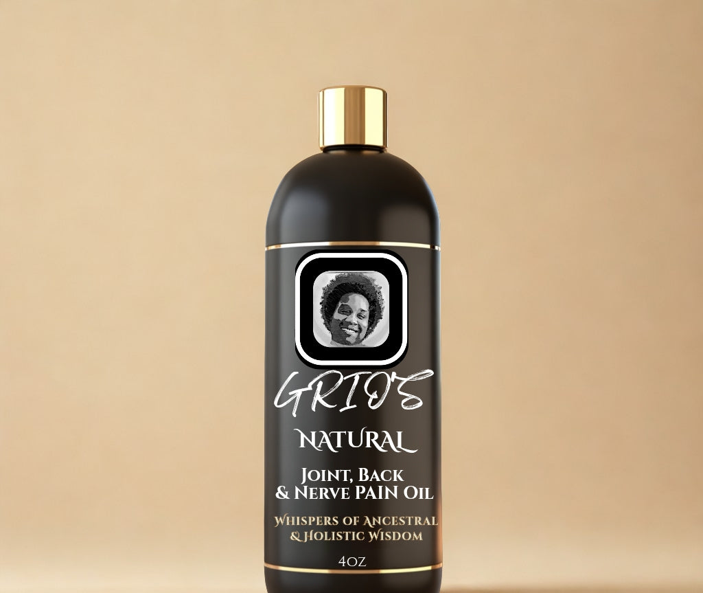 Black and gold 4oz bottle of Joint, Back & Nerve Pain Oil crafted for natural relief and holistic support for muscles, joints, and nerves. Against a warm beige background — by Always Grio — 

