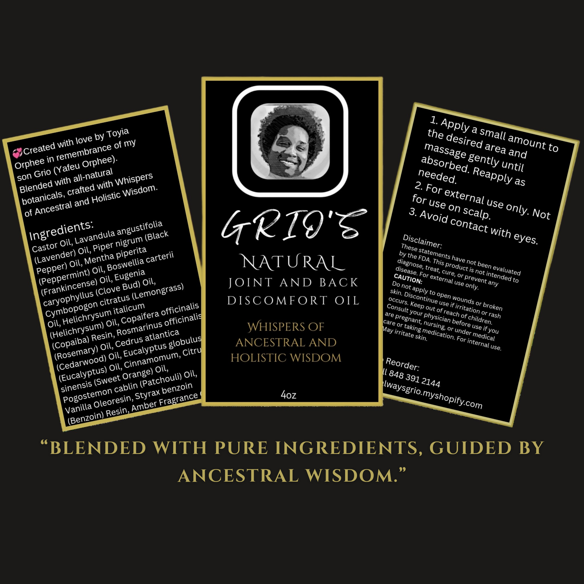  Label design for Grio’s Natural Joint, Back & Nerve Pain Oil — showing ingredients like castor, lavender, peppermint, and frankincense oils, plus usage directions and the message “Blended with pure ingredients, guided by ancestral wisdom.”