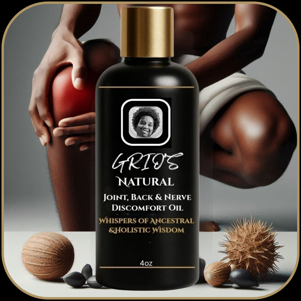 Grio’s Discomfort Oil bottle beside natural botanicals, with a woman gently touching her knee — holistic relief for joints, nerves, and daily comfort.