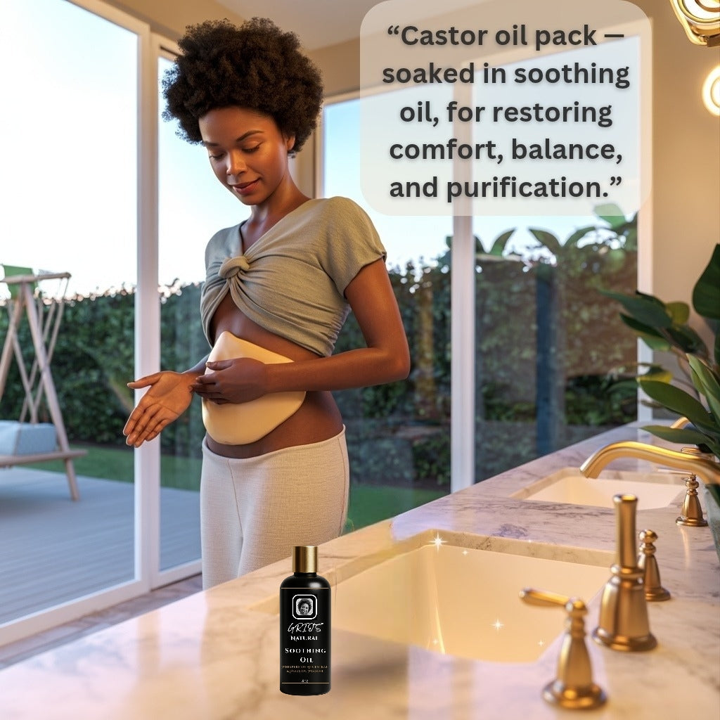Woman applying a warm castor oil pack soaked in Grio’s Soothing Oil — a holistic ritual to restore comfort, balance, and purification through natural relaxation and renewal.





