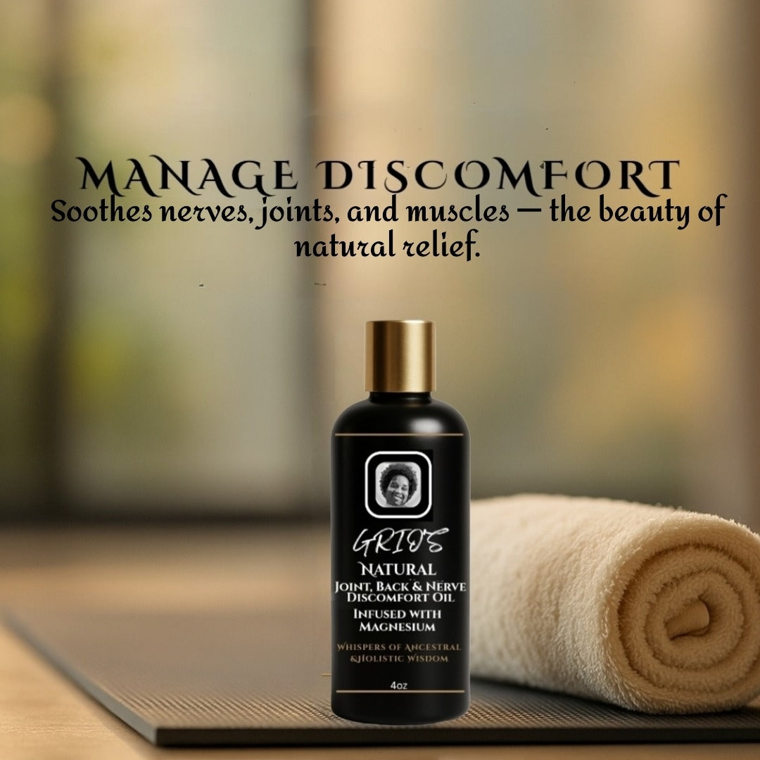 Grio’s Magnesium-Infused Discomfort Oil beside a rolled towel on a yoga mat — crafted to soothe nerves, joints, and muscles after movement, revealing the beauty of renewal.

