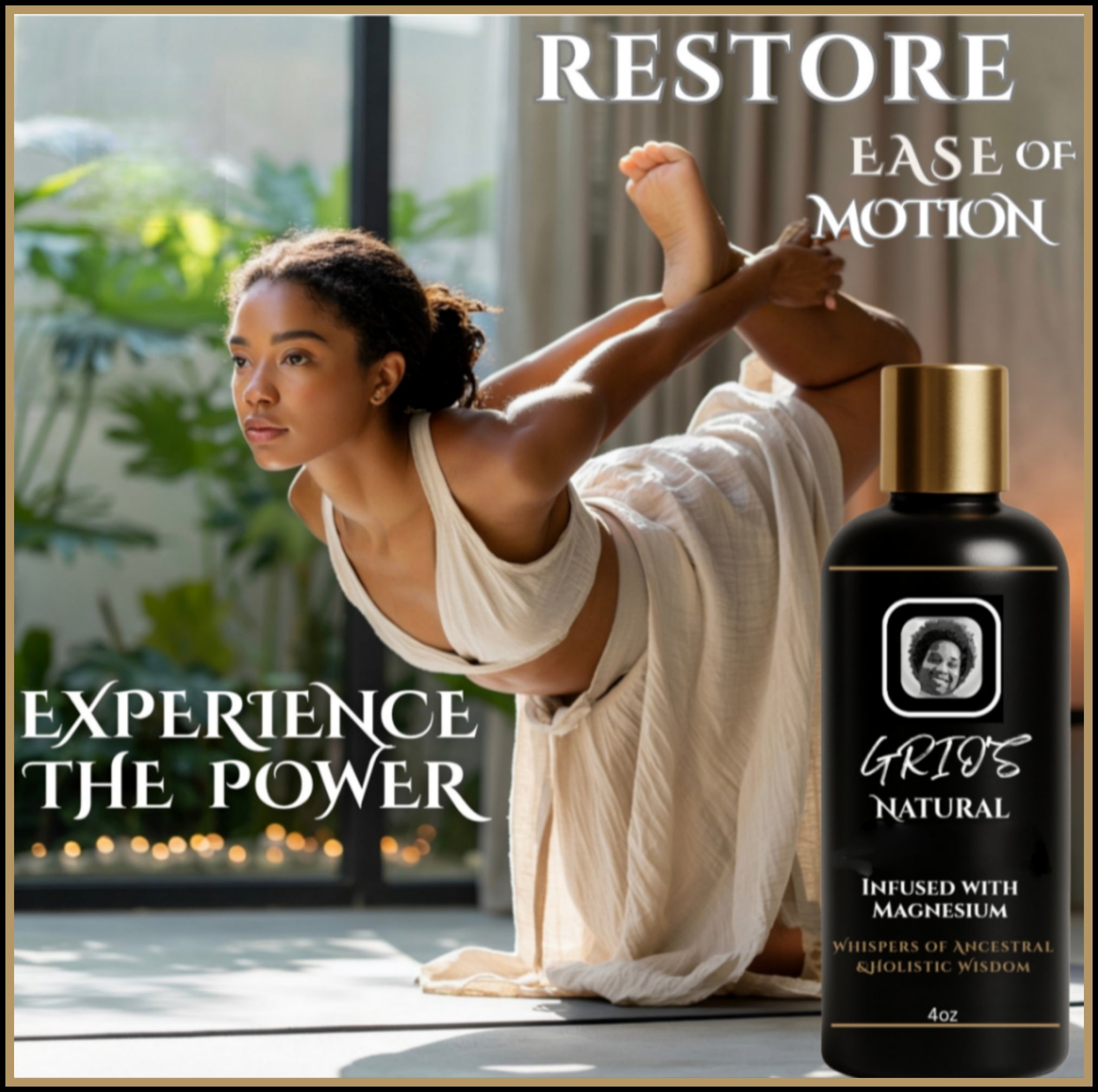 Woman in yoga pose restoring ease of motion with Grio’s Magnesium-Infused Pain Oil — crafted with essential oils and magnesium to support flexibility, balance, and post-workout recovery.