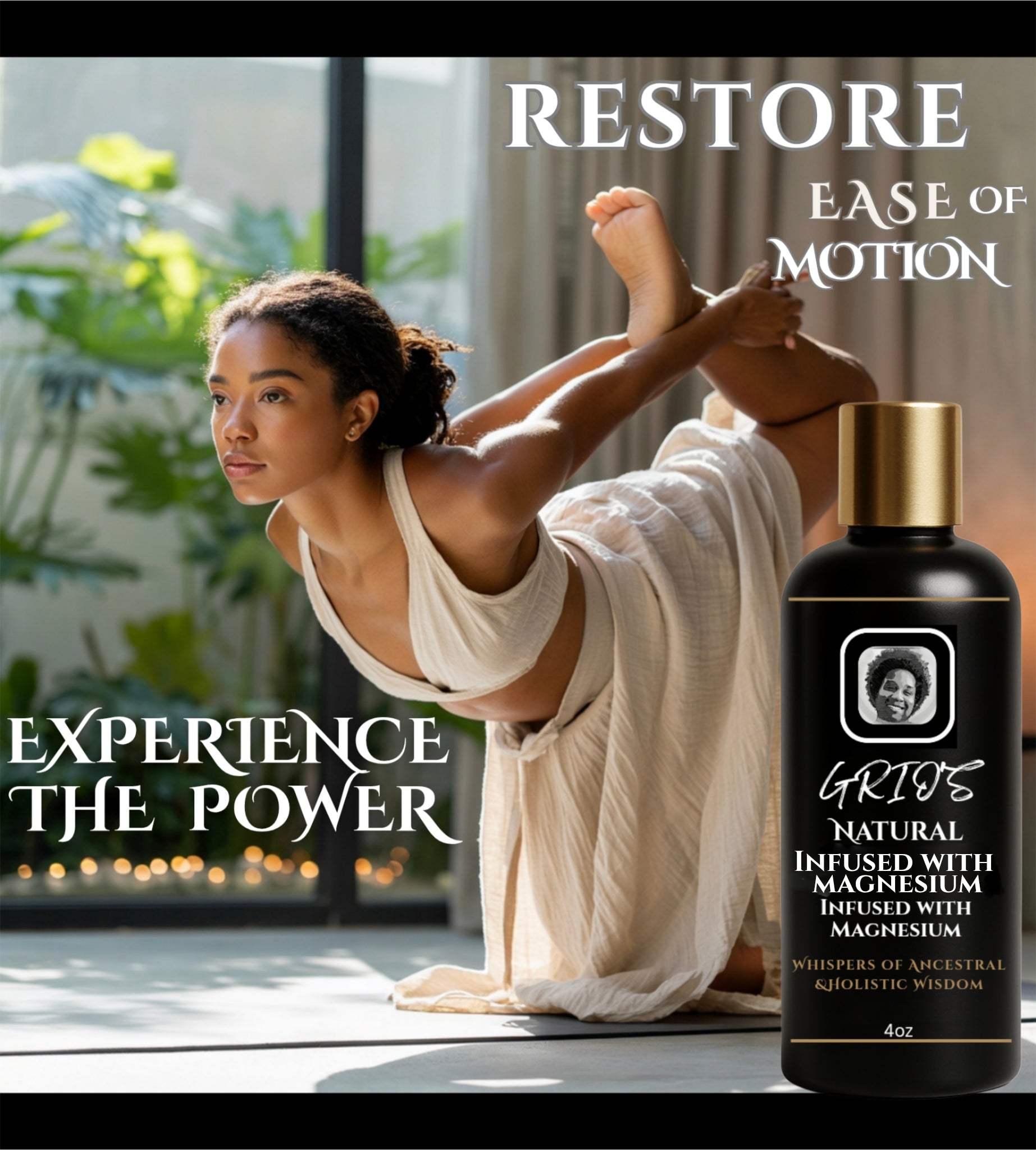 Woman in yoga pose restoring ease of motion with Grio’s Magnesium-Infused Pain Oil — crafted with essential oils and magnesium to support flexibility, balance, and post-workout recovery.



