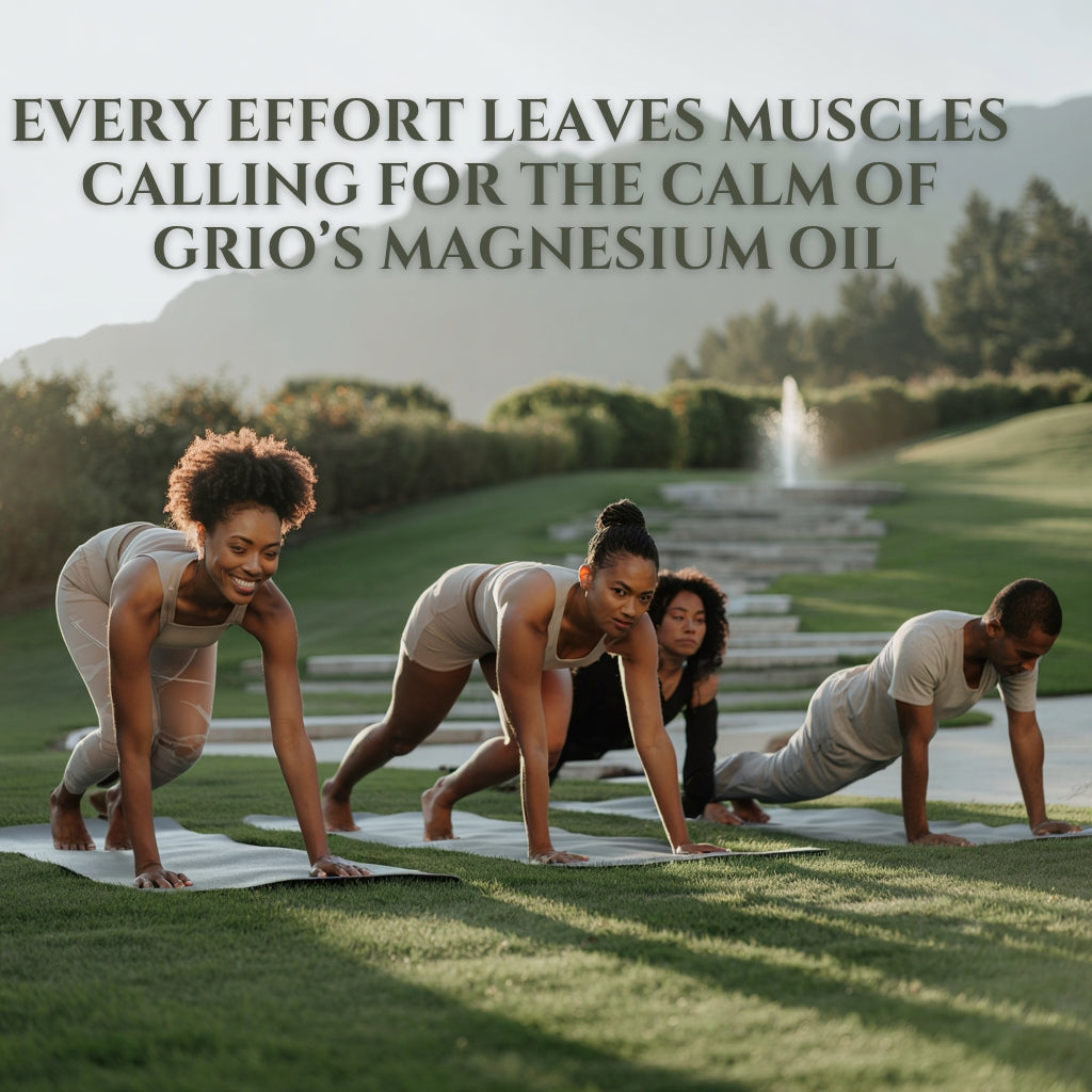 After-yoga muscle discomfort eased naturally with Grio’s Magnesium Oil — a holistic essential oil blend crafted to calm tension, relax sore areas, and restore balance.
