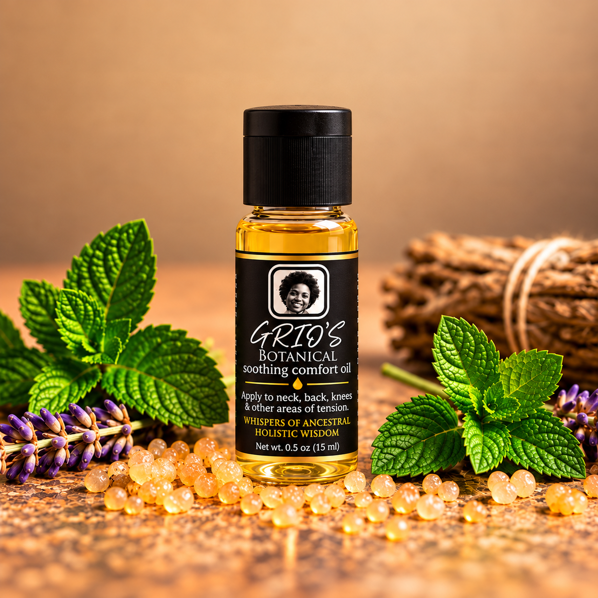 GRIO’S Botanical Soothing Comfort Oil 0.5 oz sample in a clear amber bottle with a black cap, displayed among green mint leaves, purple lavender flowers, golden botanical resin and natural wood.