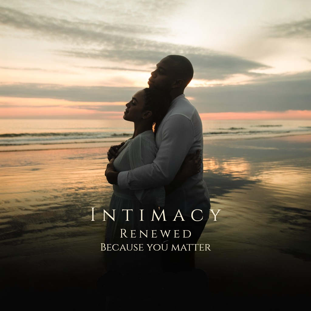 Couple embracing by the ocean at sunset — symbolizing renewed intimacy, love, and self-worth with Grio’s Intimacy Renewal Balm.”



