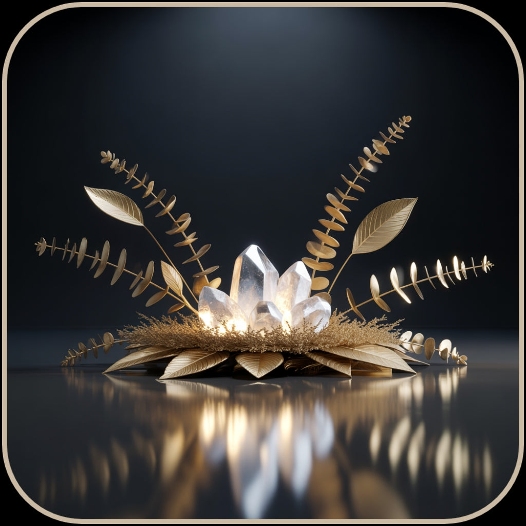 Alt Text: Gold botanical leaves and clear crystal formations resting on a dark background, symbolizing magnesium’s calming mineral energy and natural balance. Always Grio’s Magnesium Oil icon.
