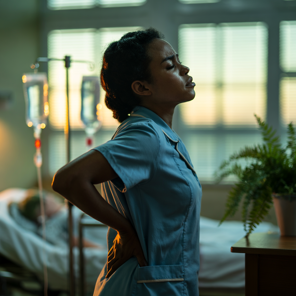 A nurse in a blue uniform pauses to stretch and relieve back pain after a long shift, symbolizing natural comfort and balance through Always Grio’s Joint, Back & Nerve Relief Oil — handcrafted for those who care for others.

