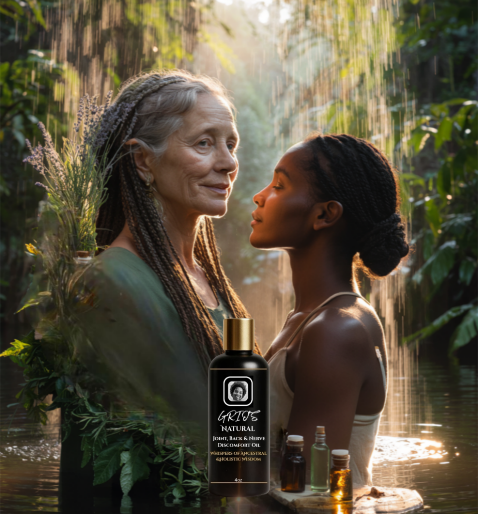 Two women standing in a natural setting with a bottle of Gwoko Natural product in the foreground.