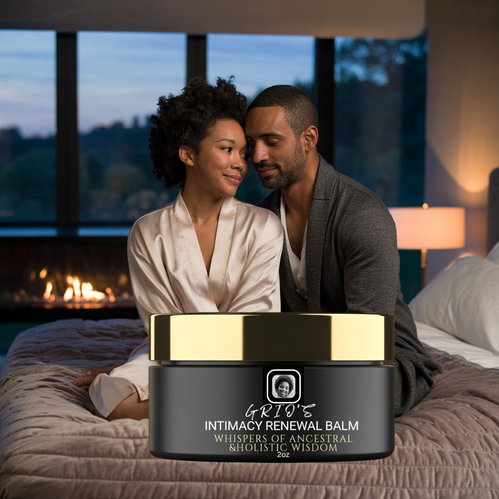 Couple sharing a quiet, intimate moment by the fireplace with Grio’s Intimacy Renewal Balm — a gentle botanical blend for feminine comfort, renewal, and connection.”



