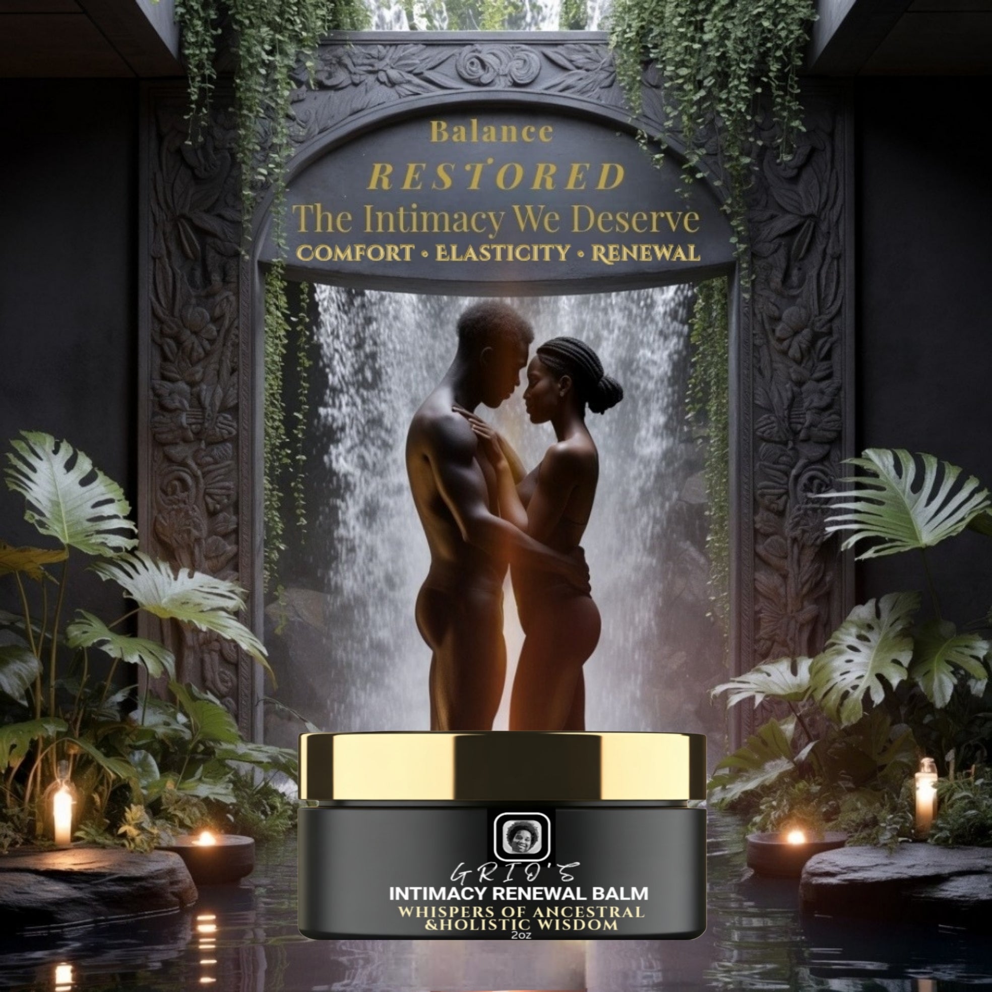 Couple embracing by a waterfall, symbolizing balance and restored intimacy — Grio’s Intimacy Renewal Balm for natural comfort and connection.