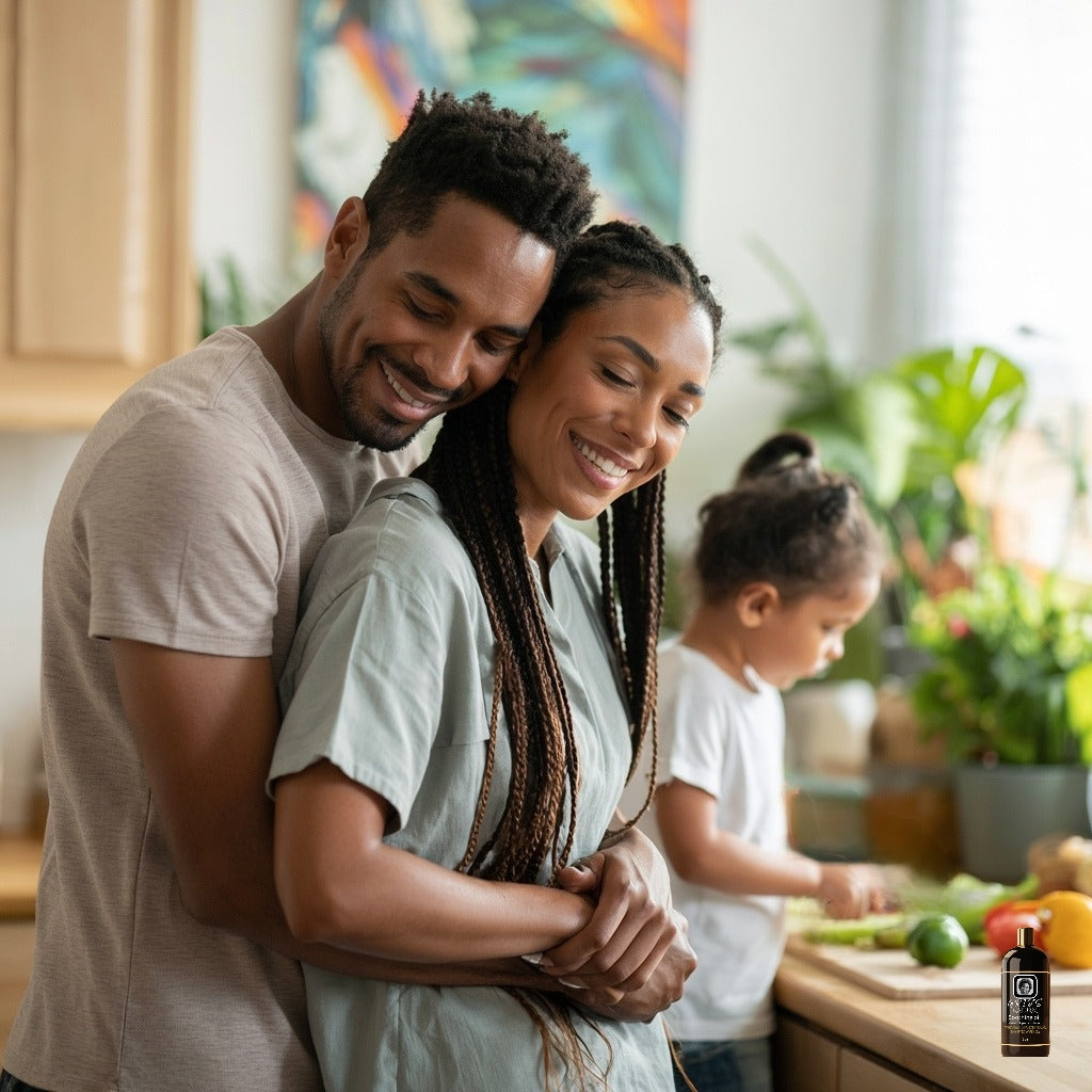 Happy couple embracing in the kitchen with their child nearby, symbolizing renewed comfort and harmony after using Grio’s Soothing Oil.










