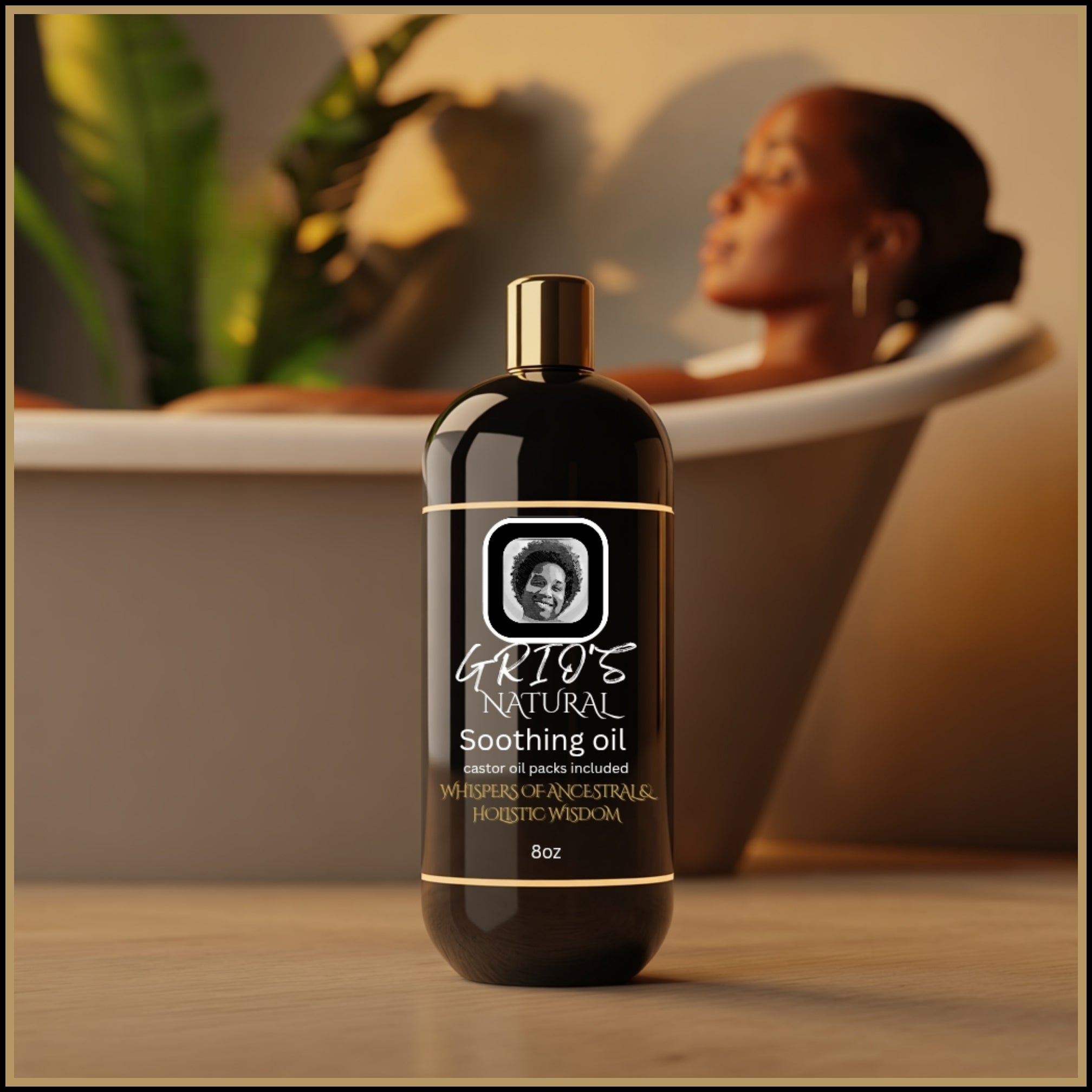 Grio’s Soothing Oil bottle beside a relaxing bath scene — capturing the warmth and comfort of castor oil therapy, restoring balance and harmony after long days.