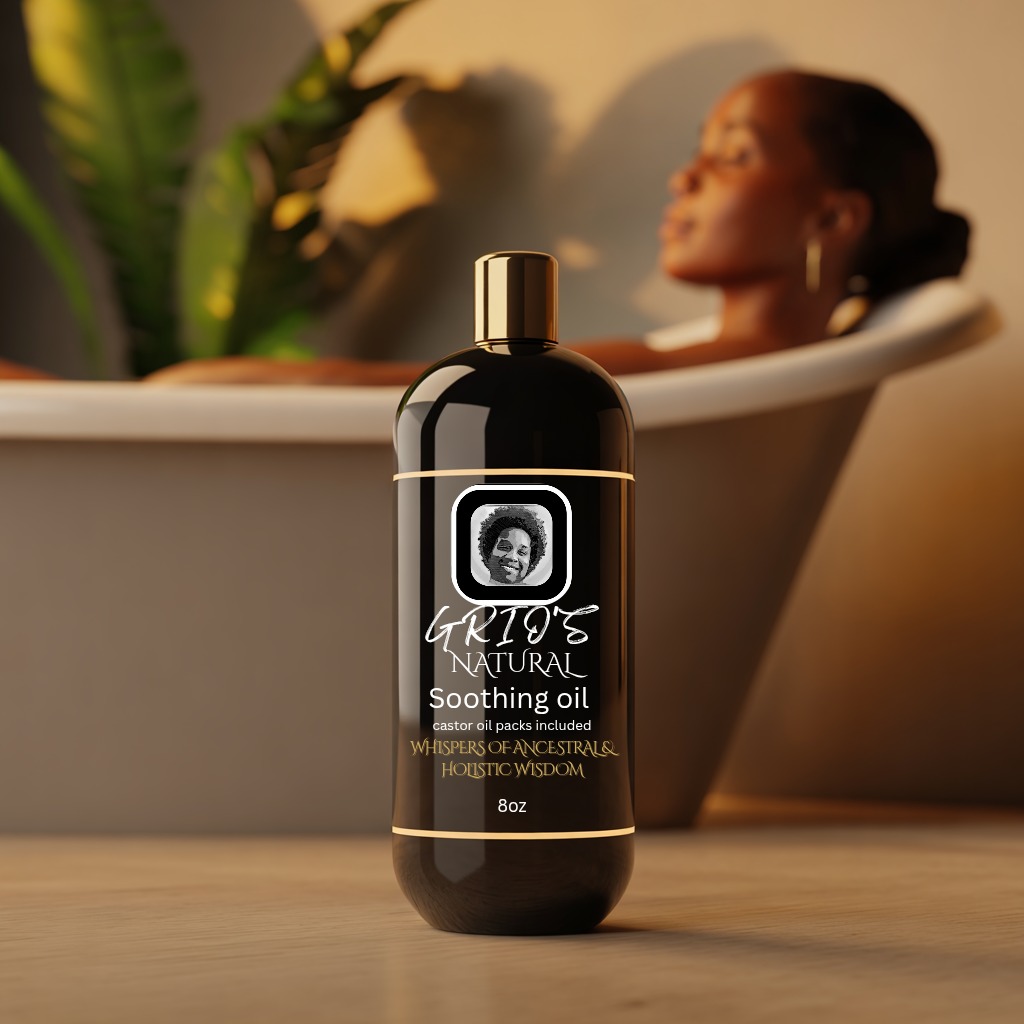 Grio’s Soothing Oil bottle beside a relaxing bath scene — capturing the warmth and comfort of castor oil therapy, restoring balance and harmony after long days.




