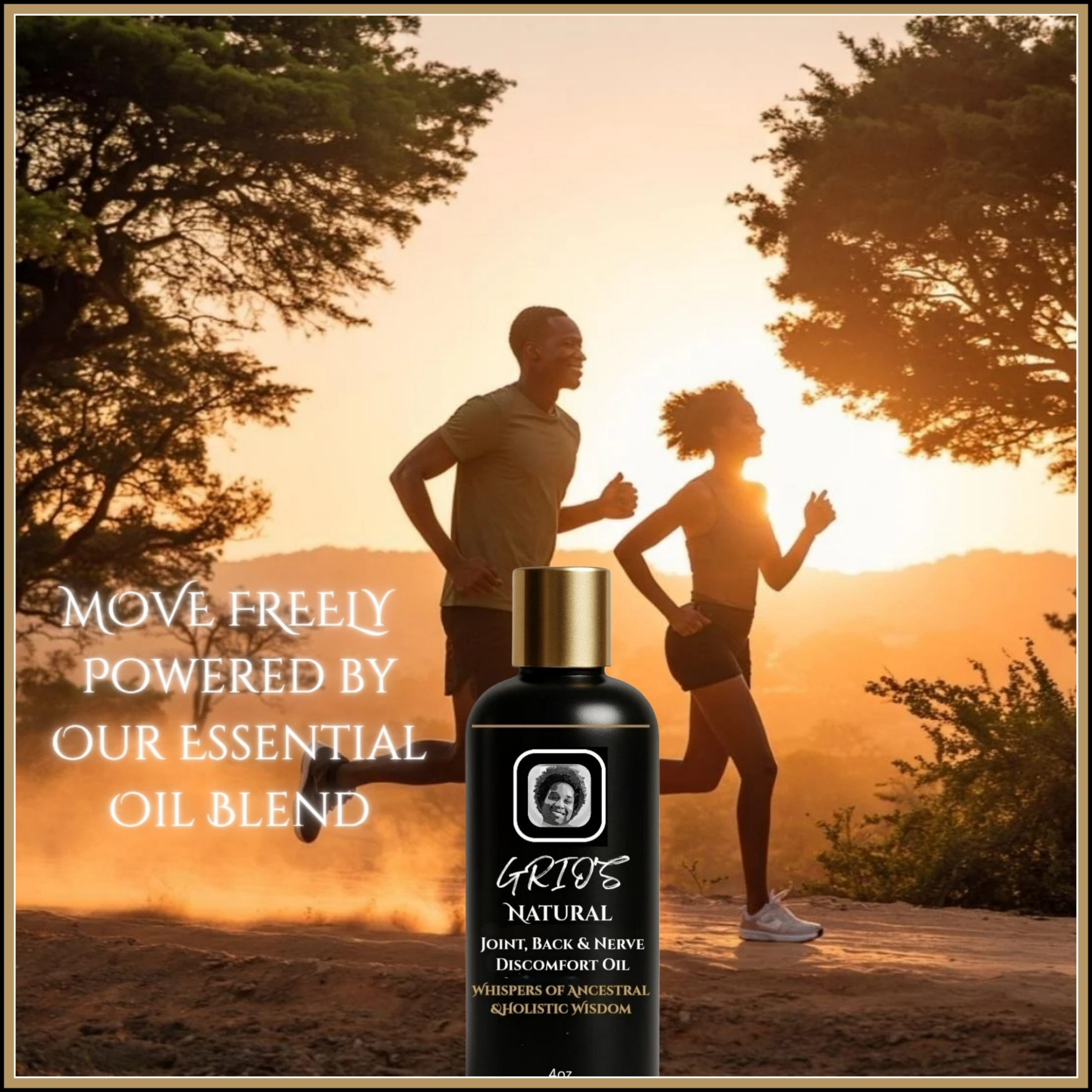 Two runners moving freely at sunrise with a bottle of Joint, Back & Nerve Pain Oil in the foreground — by Always Grio — symbolizing natural support for flexibility, mobility, and joint comfort.