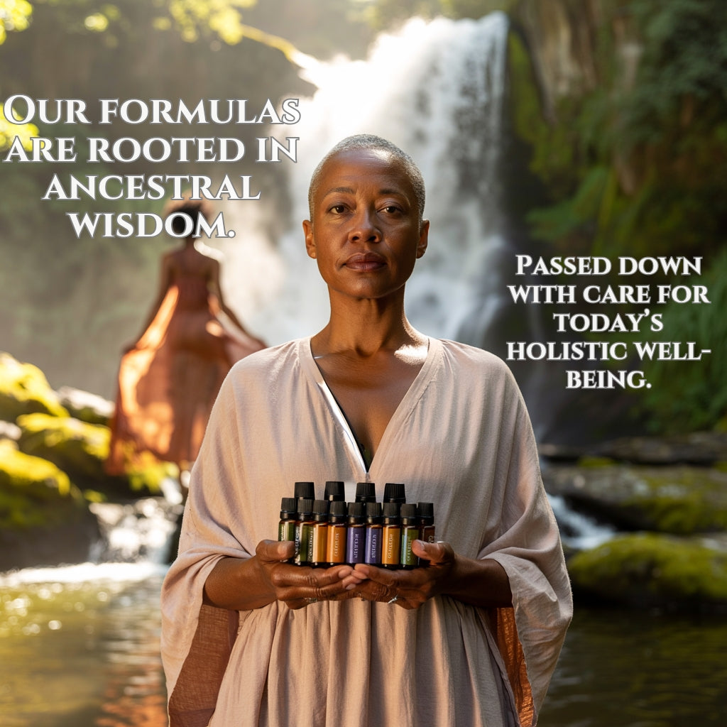 Woman standing near a waterfall holding bottles of Grio’s Natural Oils — by Always Grio — symbolizing formulas rooted in ancestral wisdom and passed down for today’s holistic well-being.
